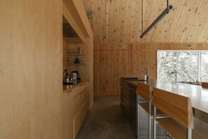 Une cuisine aux murs en bois, avec un évier en acier inoxydable et une fenêtre donnant sur des arbres couverts de neige.