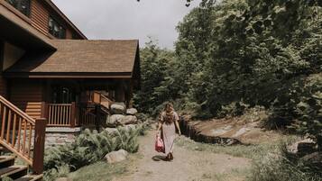 A wooden cabin with a porch, stone steps, and a natural surrounding.