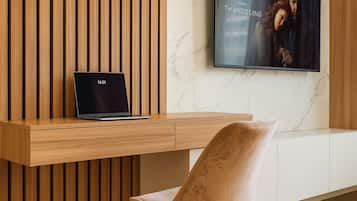 Egyptian cotton sheets, premium bedding, desk, laptop workspace