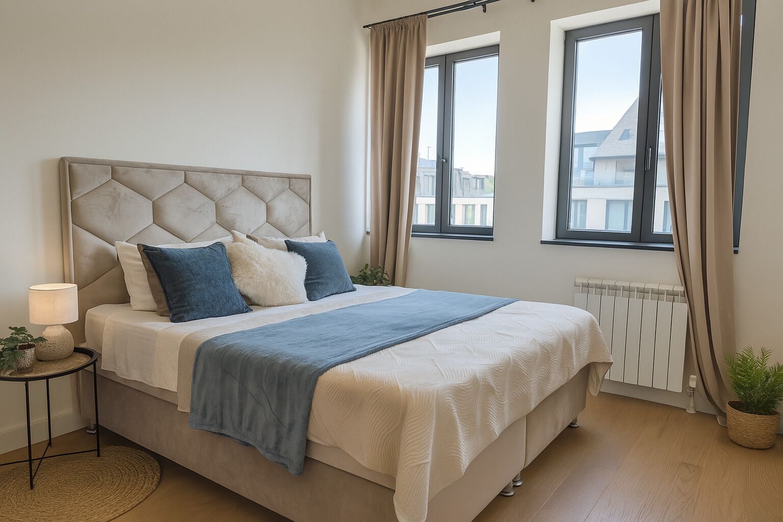 Egyptian cotton sheets, premium bedding, desk, laptop workspace