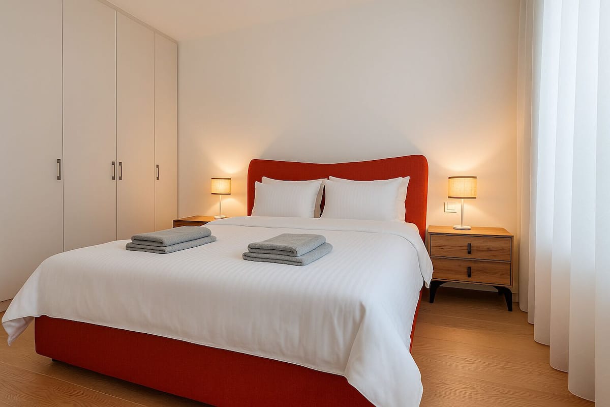 Deluxe-Apartment, Veranda, Blick auf den Innenhof | Bettwäsche aus ägyptischer Baumwolle, hochwertige Bettwaren