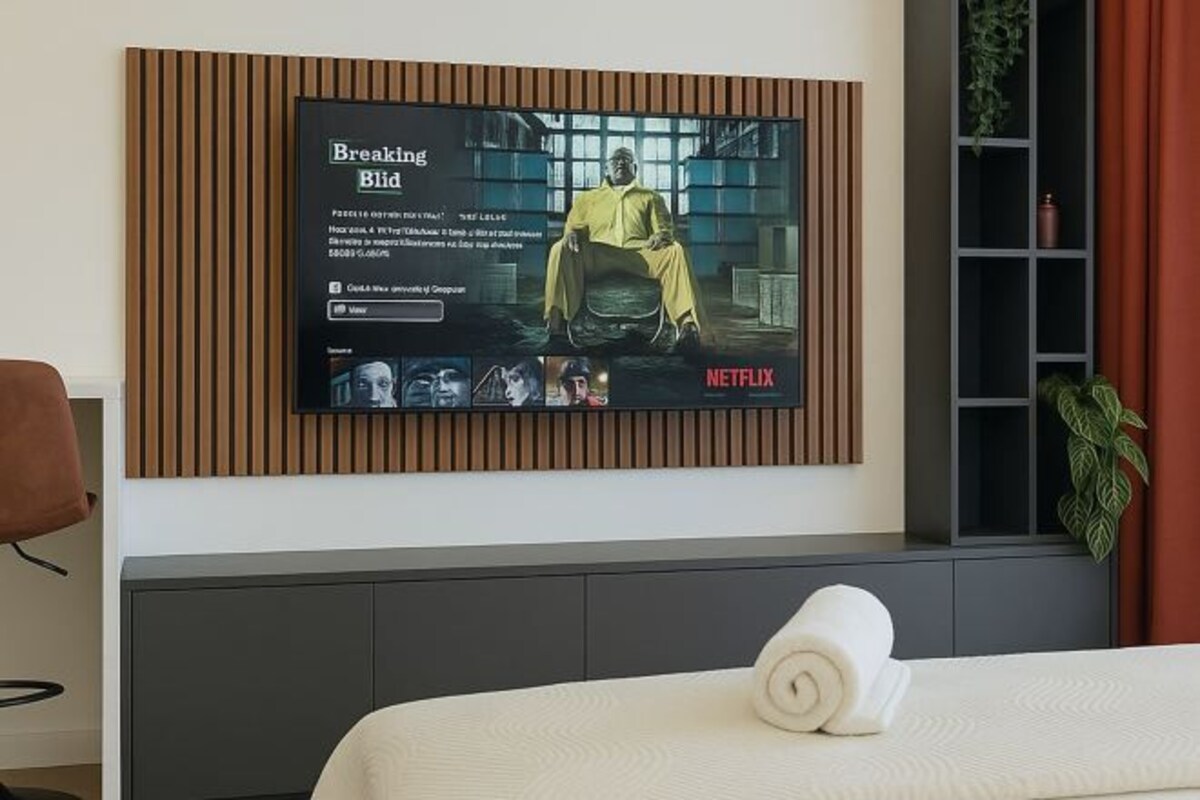 A hotel room with a large flat-screen TV mounted on the wall displaying a movie poster.