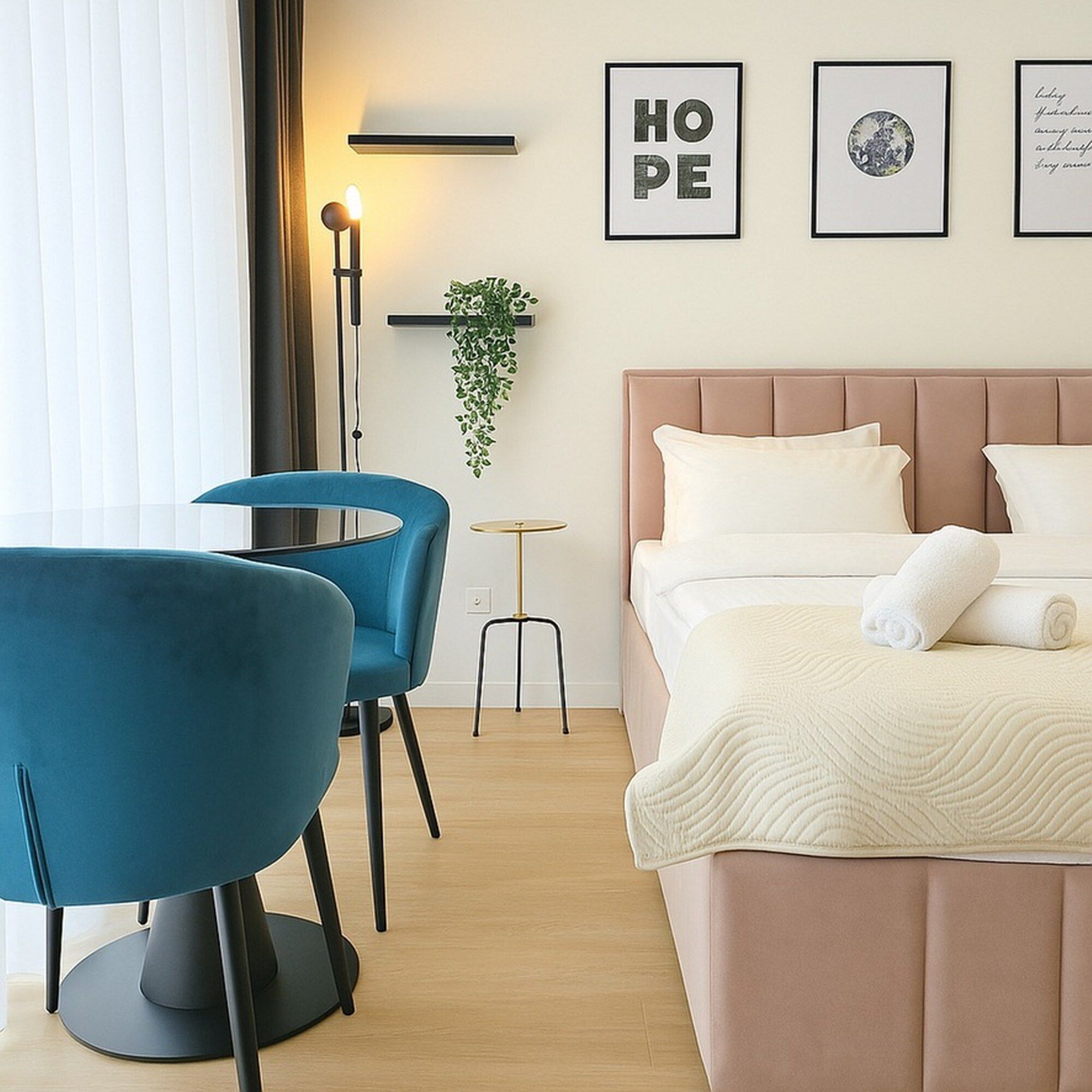 华丽开间, 外廊, 城市景观 | 埃及棉床单、高档床上用品、办公桌、笔记本电脑工作区