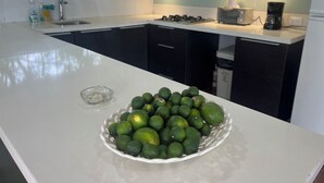 Una cuina amb taulell blanc, un bol de llimones, una cafetera i un rentaplat.