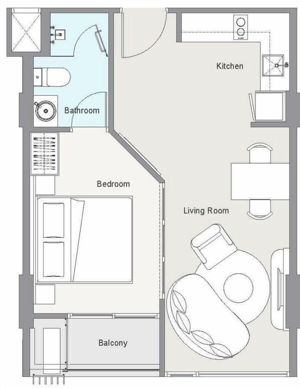 Plano de planta que muestra un dormitorio, baño, cocina, sala de estar y balcón.