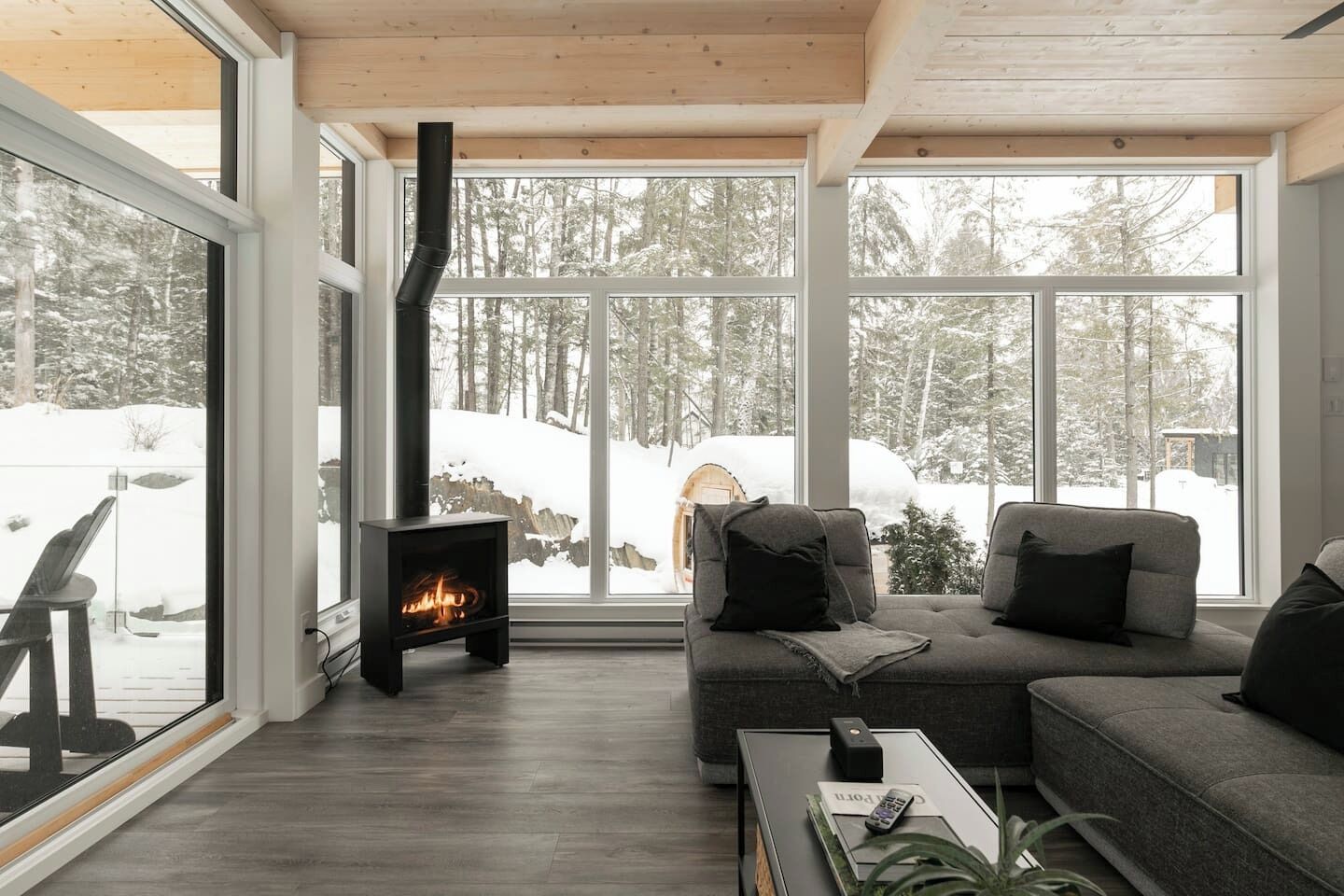 Télévision, cheminée, chaîne hi-fi