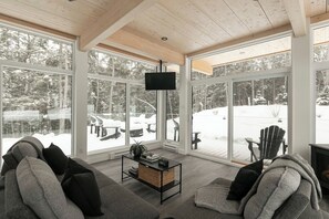 Télévision, cheminée, chaîne hi-fi