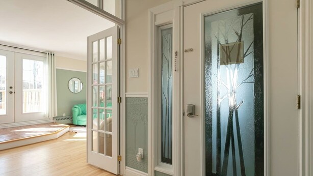 Une pièce dotée d’un plancher en bois, d’un canapé vert et d’une porte dont les panneaux sont en verre dépoli.