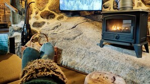 Ein gemütliches Wohnzimmer mit Steinwand, Kamin und Wandfernseher.