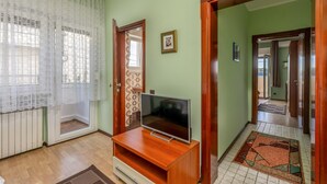 Un salon avec un téléviseur posé sur un meuble en bois, une porte avec un miroir et un tapis à motifs sur le sol.