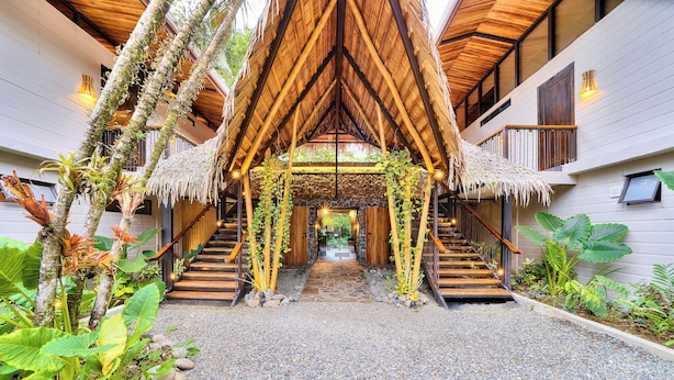 Una escalera exterior cubierta con barandas de madera y techo de paja, rodeada de plantas tropicales.
