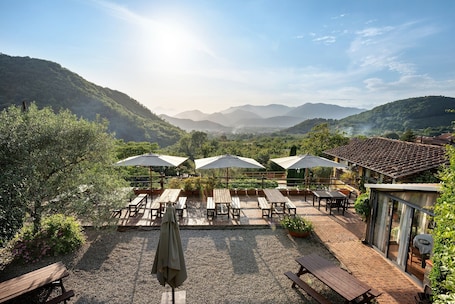 Outdoor dining. Agriturismo 'Comfortable Mini Apartment' with Mountain View, Wi-Fi and Air Conditioning
