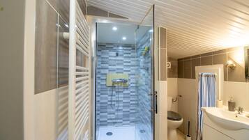 Regadera, secadora de cabello, toallas