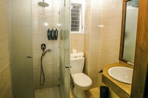 A bathroom with a glass-enclosed shower, a toilet, and a sink with a mirror above it. - Domus Tlv (Tel Aviv)