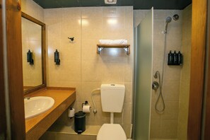 Une salle de bain avec un lavabo, des toilettes et une douche.