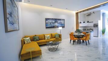 Deluxe-Villa, Terrasse, Poolblick | Wohnbereich