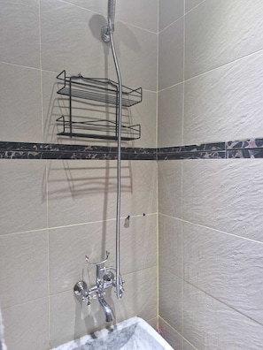 Shower, towels, soap, toilet paper