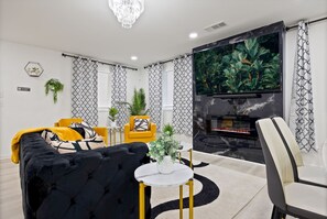 Smart TV, fireplace, computer monitors