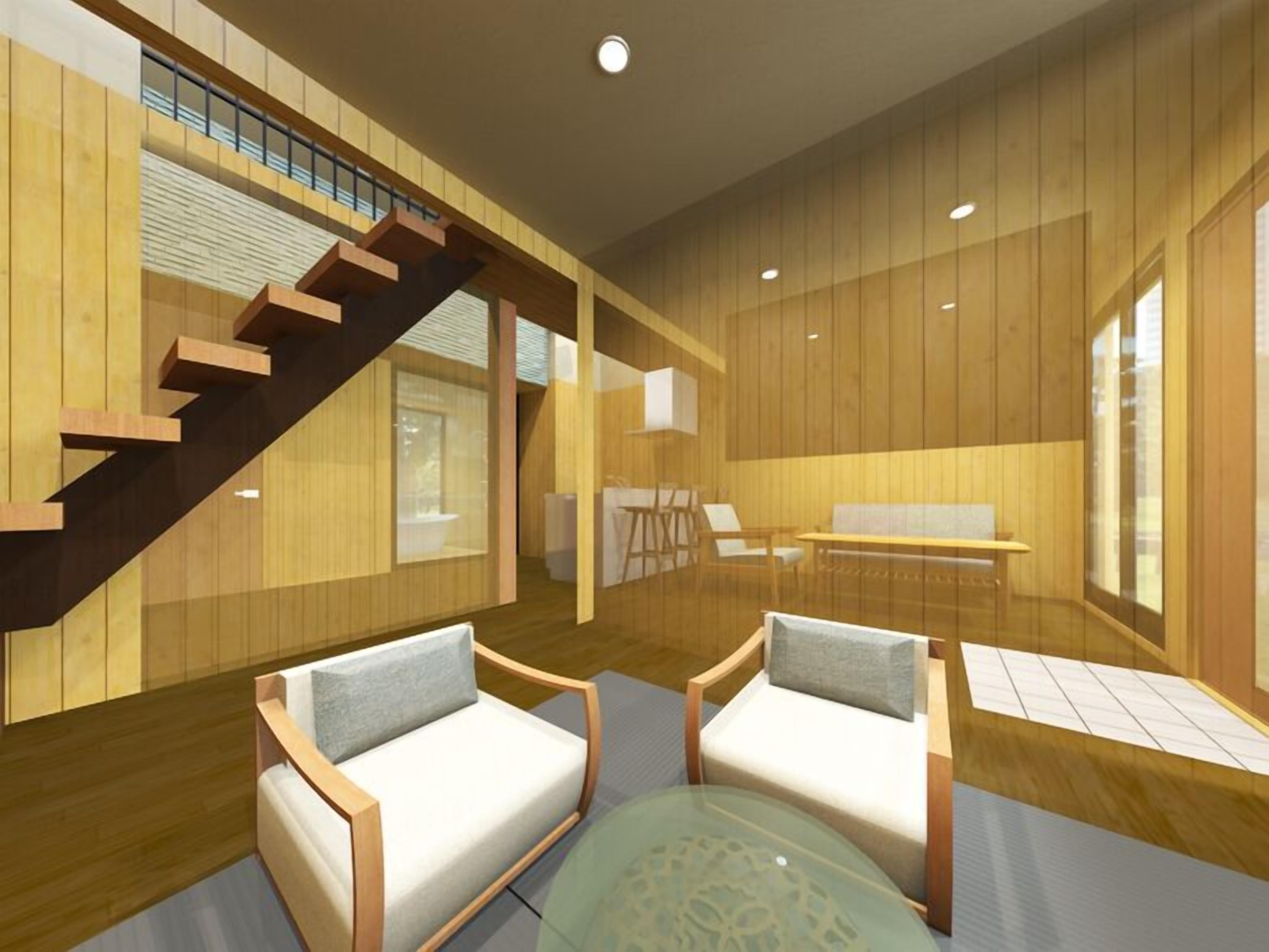 A modern interior with a wooden staircase, a sofa, a glass table, and a view through large windows.