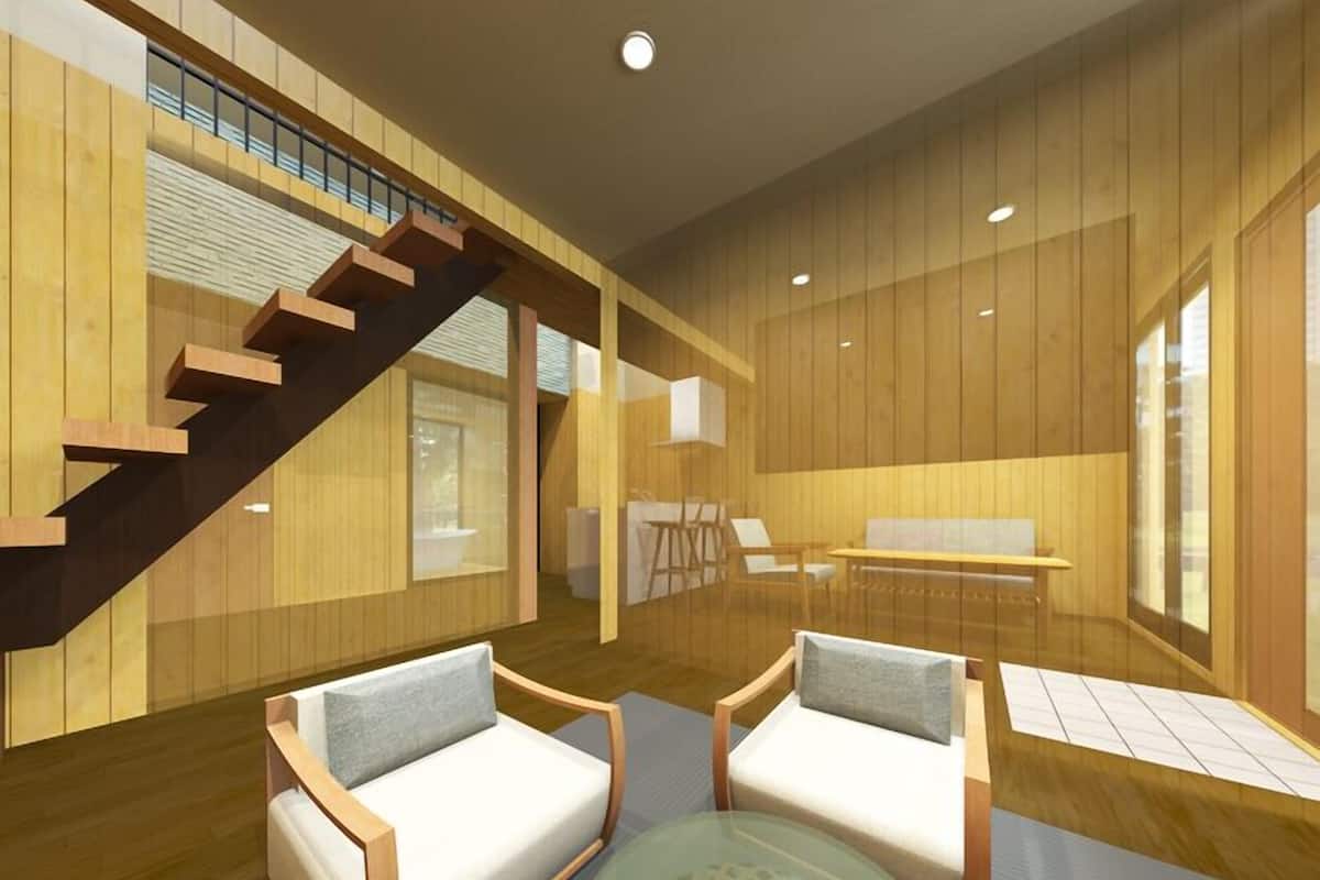 A modern interior with a wooden staircase, a sofa, a glass table, and a view through large windows.