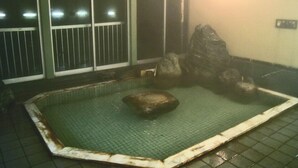 A small indoor pool with a tiled floor and a rock in the center.