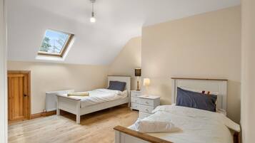 A bedroom with two beds, a skylight, a radiator, and a wooden door.