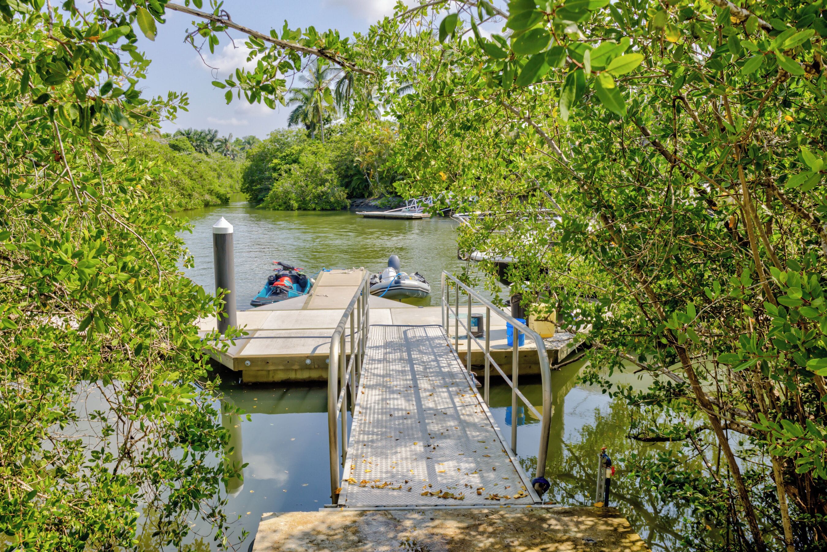 A dock extending into a calm river surrounded by dense greenery.