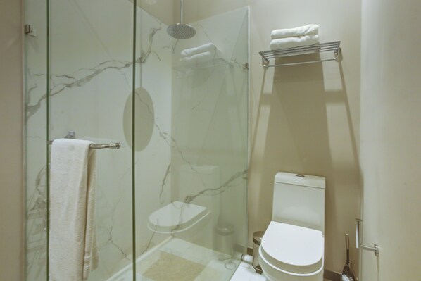 Baño con cabina de ducha de vidrio, inodoro y perchero para toallas.