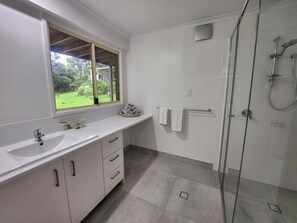 Shower, hair dryer, towels, soap