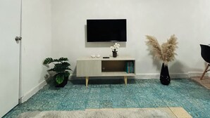 A room with a TV on a wall, a small wooden cabinet, a fluffy rug, and a potted plant. - Safe and centrally located apartment (Ciudad de México)