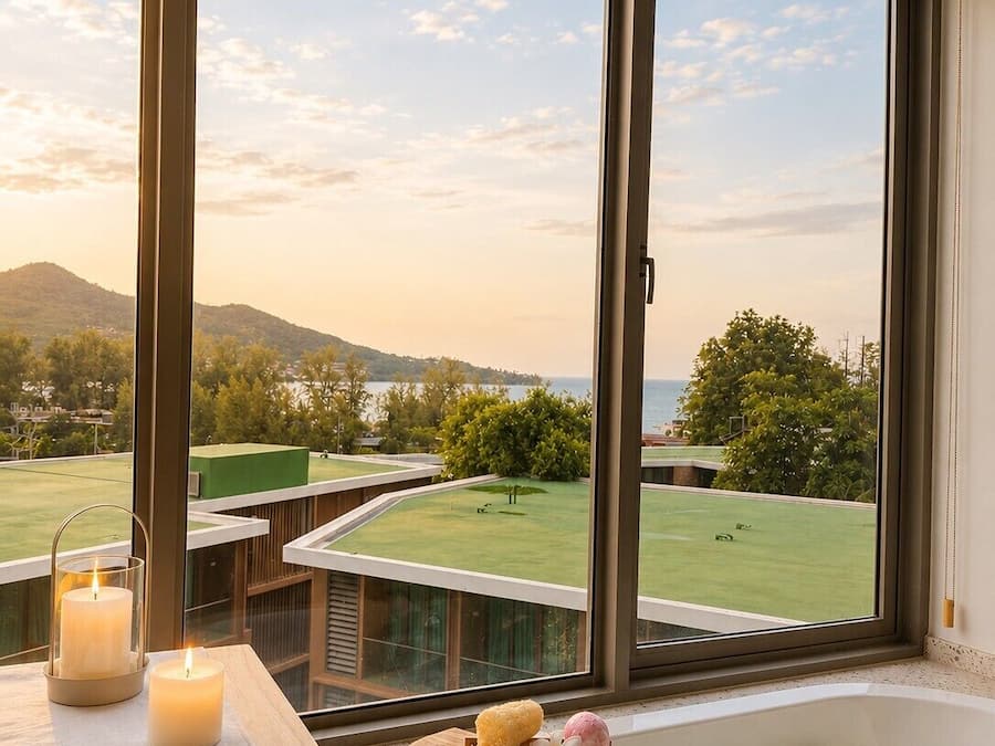 Un área de spa con bañera, velas y vistas a un campo de golf a través de amplios ventanales.