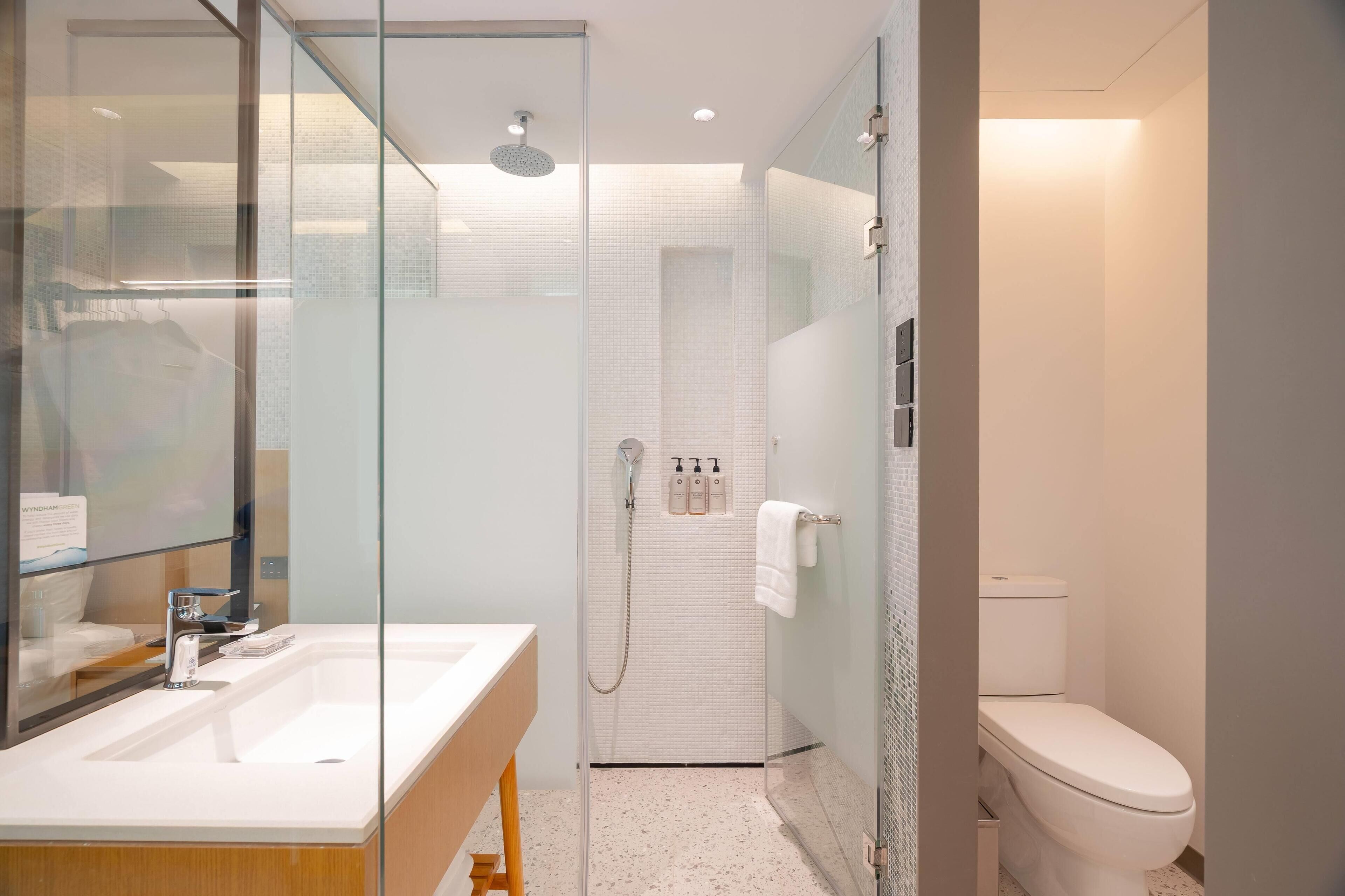 A modern bathroom with a glass shower enclosure, a white sink, and a toilet.