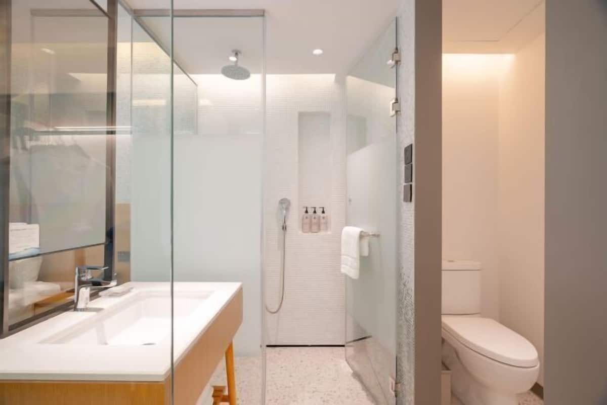 Une salle de bain moderne avec une douche à parois de verre, un lavabo blanc et des toilettes.