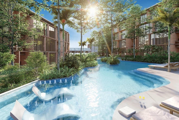 2 outdoor pools, open 8:00 AM to 8:00 PM, pool umbrellas