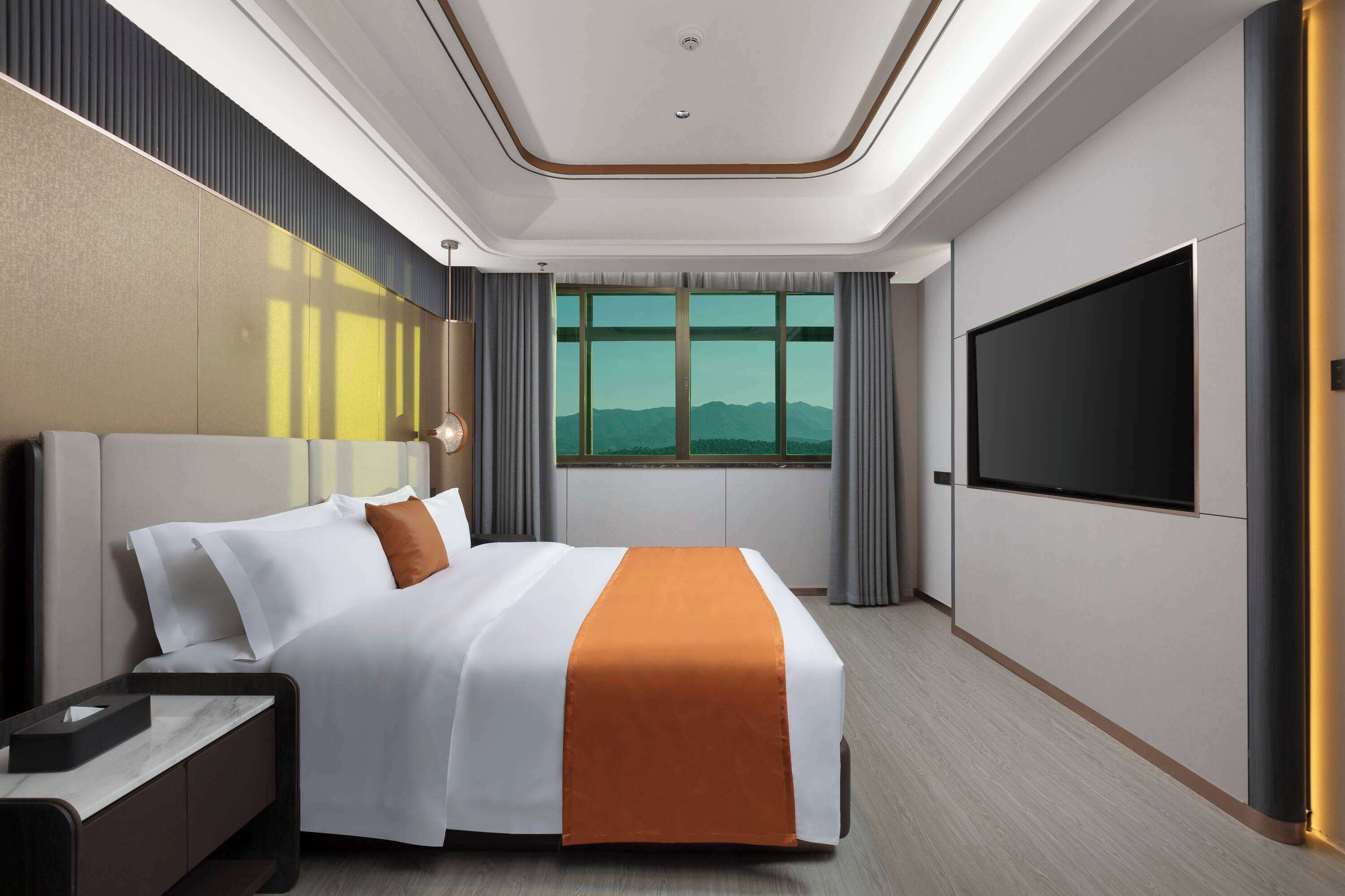 Een moderne hotelkamer met een groot bed, een flatscreen-televisie en uitzicht op de bergen.
