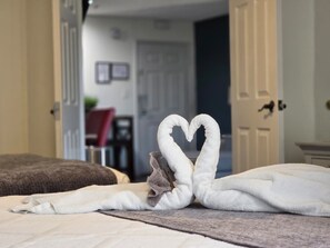 1 bedroom, desk, iron/ironing board, travel cot