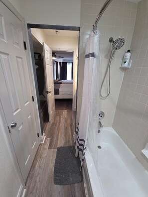 Hair dryer, towels, soap, shampoo
