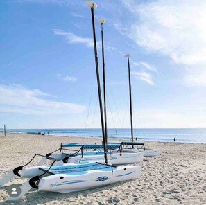 Une plage où plusieurs voiliers blancs et bleus sont alignés sur le sable.