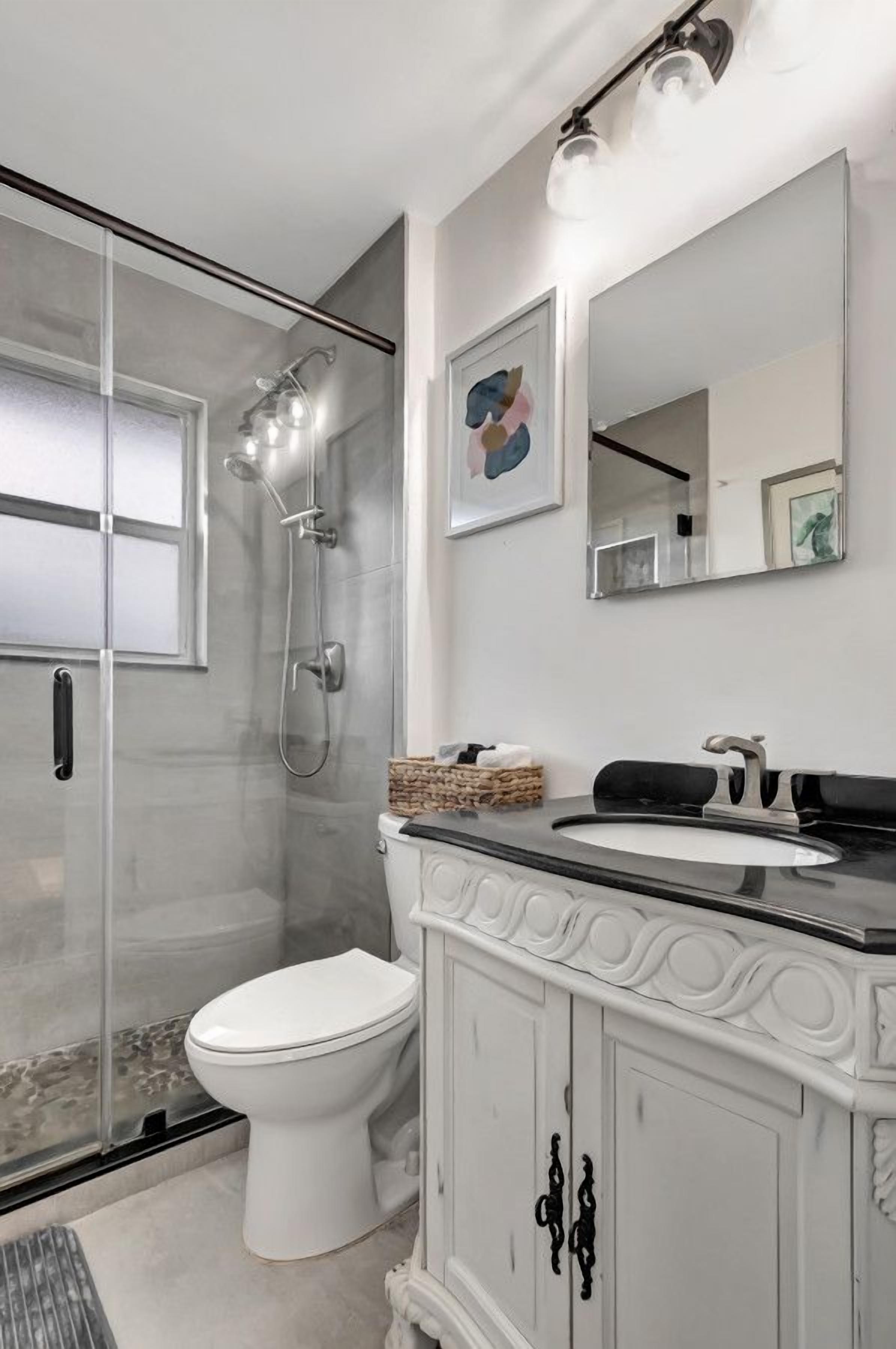 Une salle de bain moderne avec une douche à parois de verre, des toilettes blanches et un meuble-lavabo doté d’un plan de travail noir.