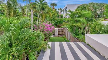 Un chemin mène à un bâtiment moderne, entouré d’une végétation luxuriante et de plantes tropicales.