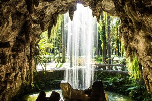 Una cascada fluye a través de la abertura de una cueva, rodeada de abundante vegetación.