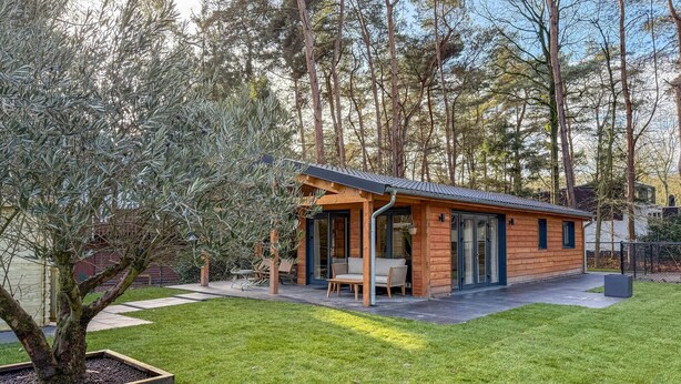 A wooden cabin with a patio, surrounded by trees. - 3 bedroom lovely home in Meijel (Meijel)