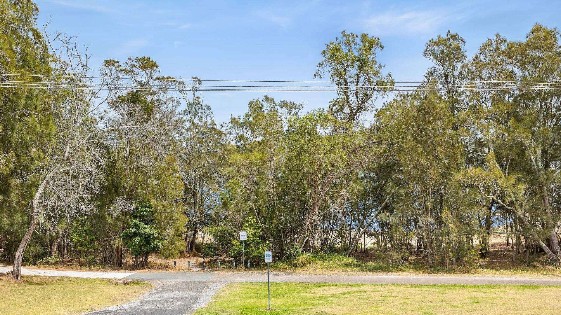 A rural road with a gravel path leading to a property surrounded by trees.