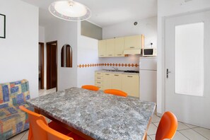 Kühlschrank, Mikrowelle, Herdplatte, Kochgeschirr/Geschirr/Besteck