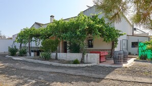 Una casa con una pérgola cubierta de hiedra, un banco rojo y un barril grande.