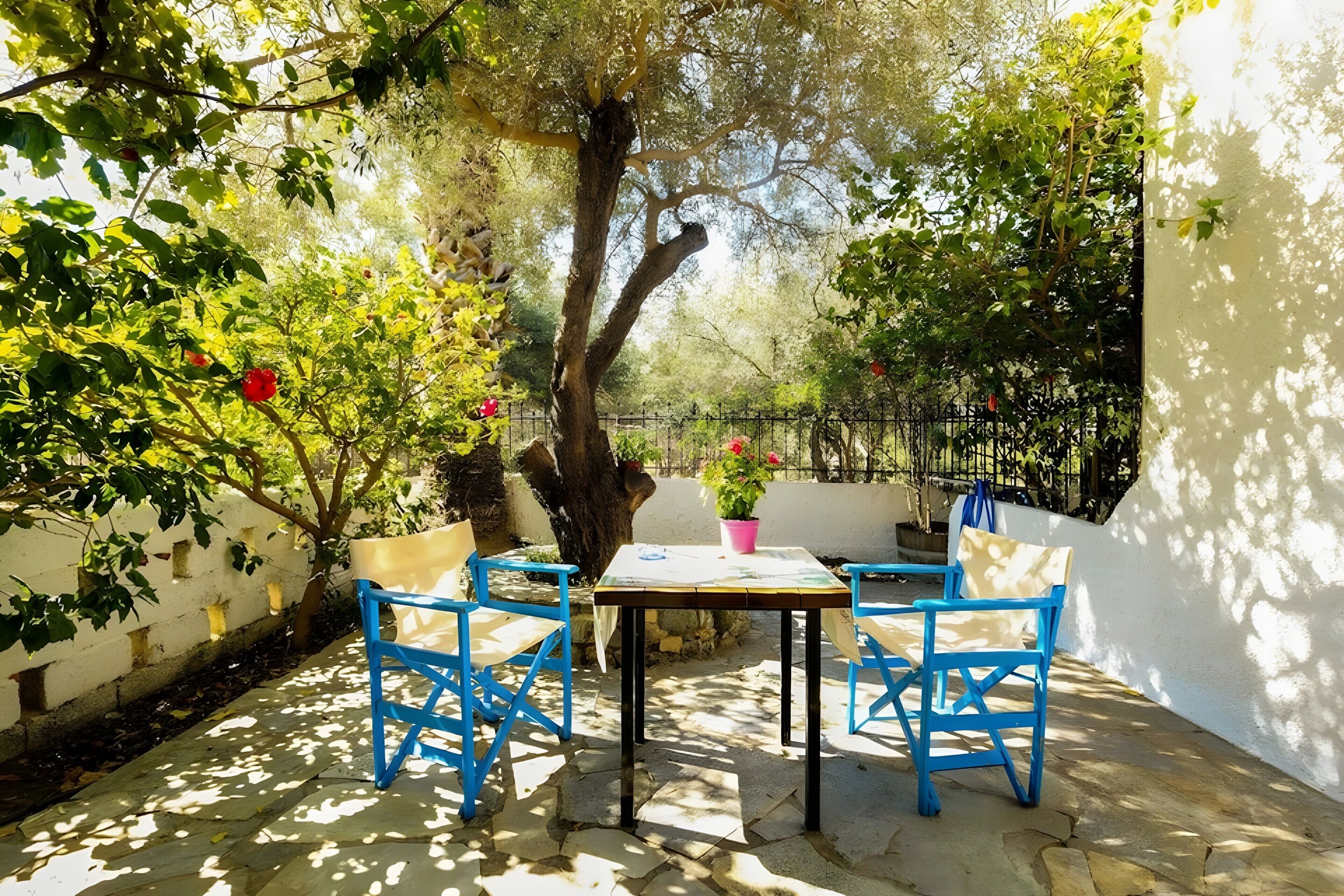 Une terrasse avec une table et des chaises bleues, entourée de verdure et bordée d’un mur blanc.