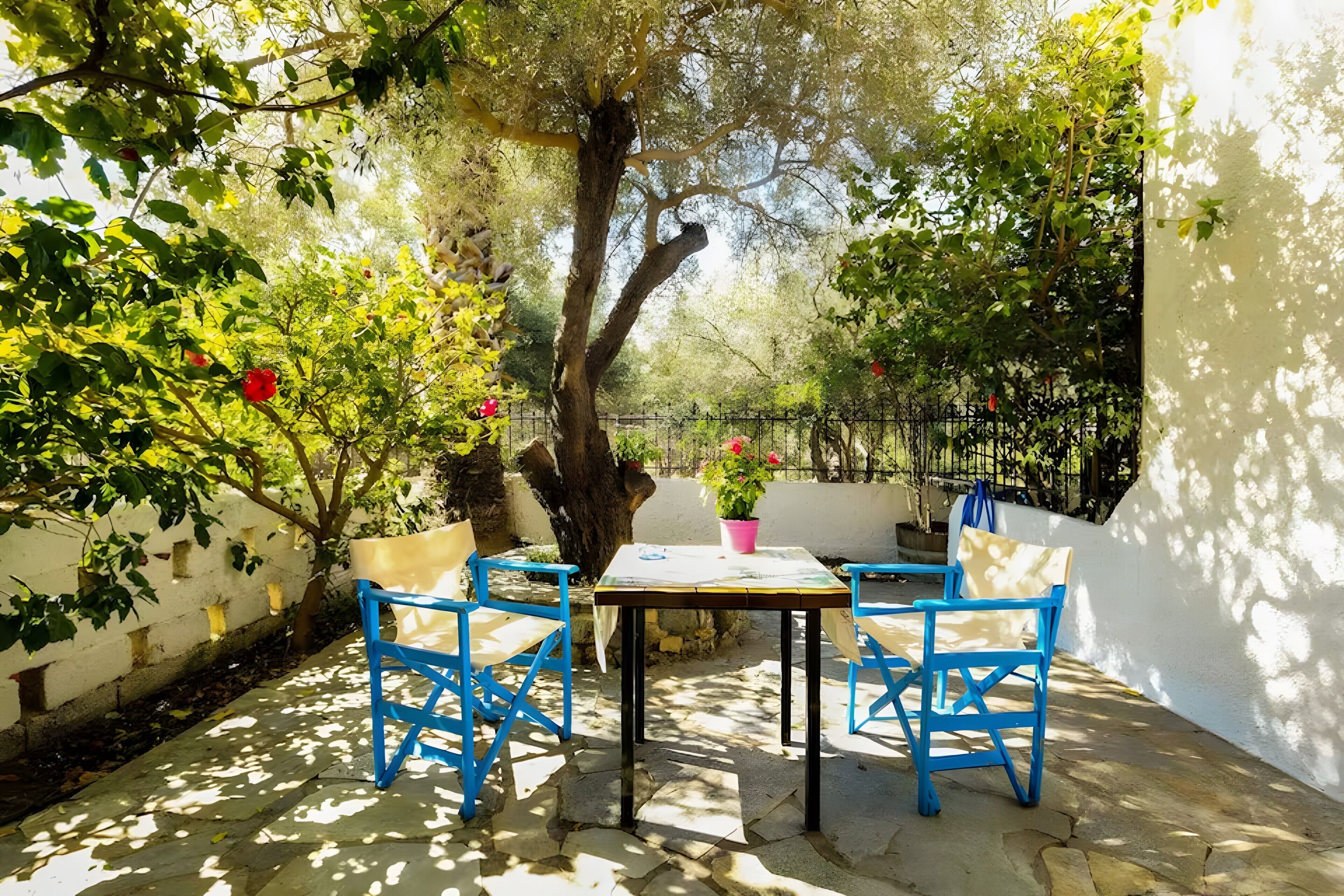 Un patio al aire libre con una mesa y sillas azules, rodeado de follaje y un muro blanco.