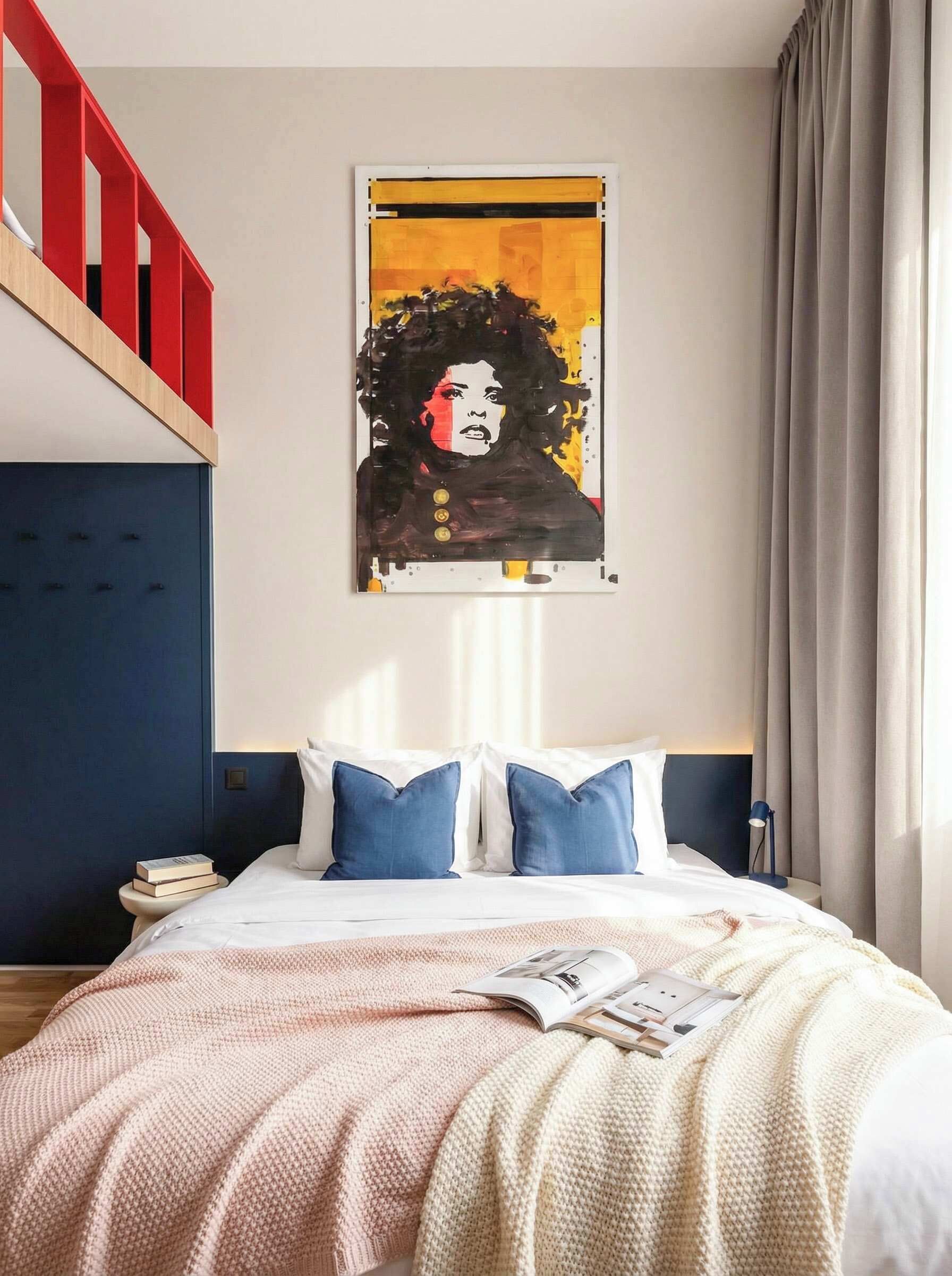 Una camera da letto con un letto, cuscini, una coperta, una ringhiera rossa e un quadro appeso al muro.