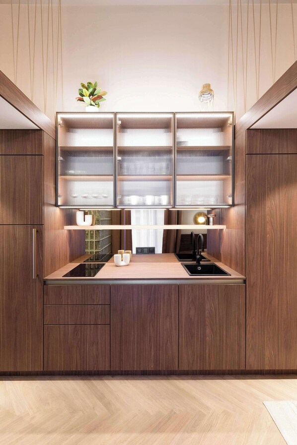 Fridge, microwave, stovetop, coffee/tea maker