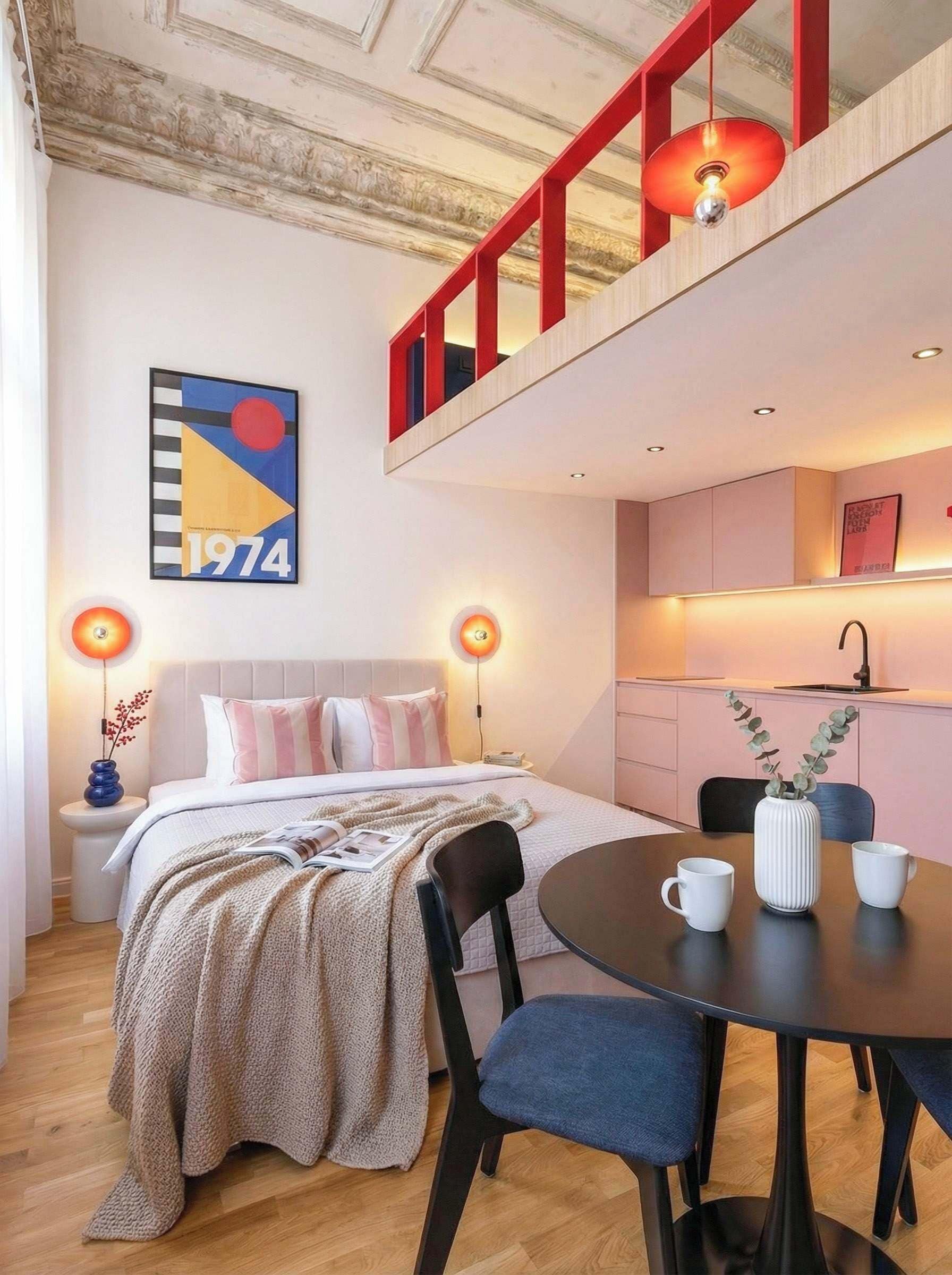 2 habitaciones, escritorio y tabla de planchar con plancha 